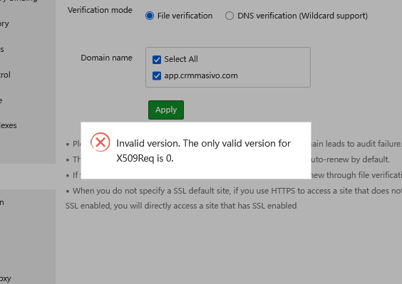 解决宝塔面板SSL证书安装失败： Invalid version. The only valid version for X509Req is 0.